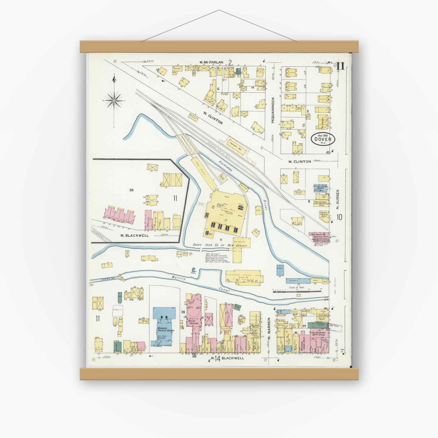 Old map wall art mockup — magnetic wood frame on white wall — Sanborn Fire Insurance Map from Dover, Morris County, New Jersey (1909), Sheet #0011