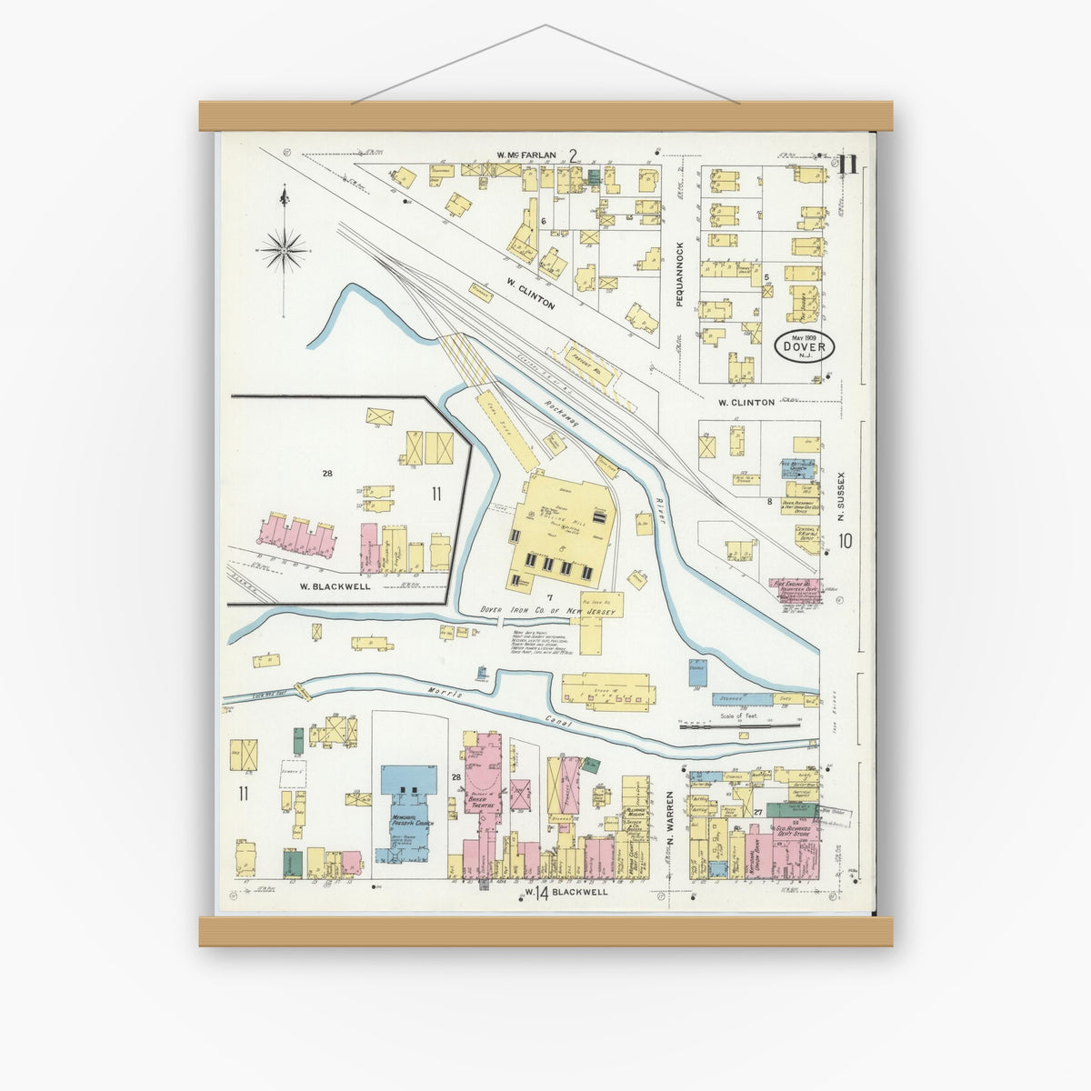 Old map wall art mockup — magnetic wood frame on white wall — Sanborn Fire Insurance Map from Dover, Morris County, New Jersey (1909), Sheet #0011