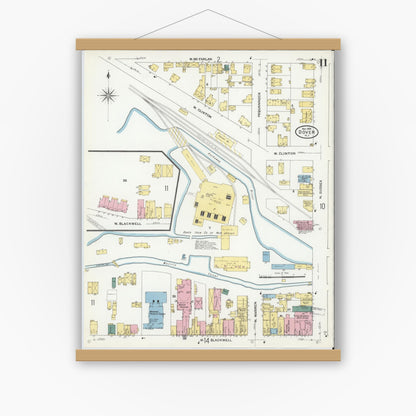 Old map wall art mockup — magnetic wood frame on white wall — Sanborn Fire Insurance Map from Dover, Morris County, New Jersey (1909), Sheet #0011