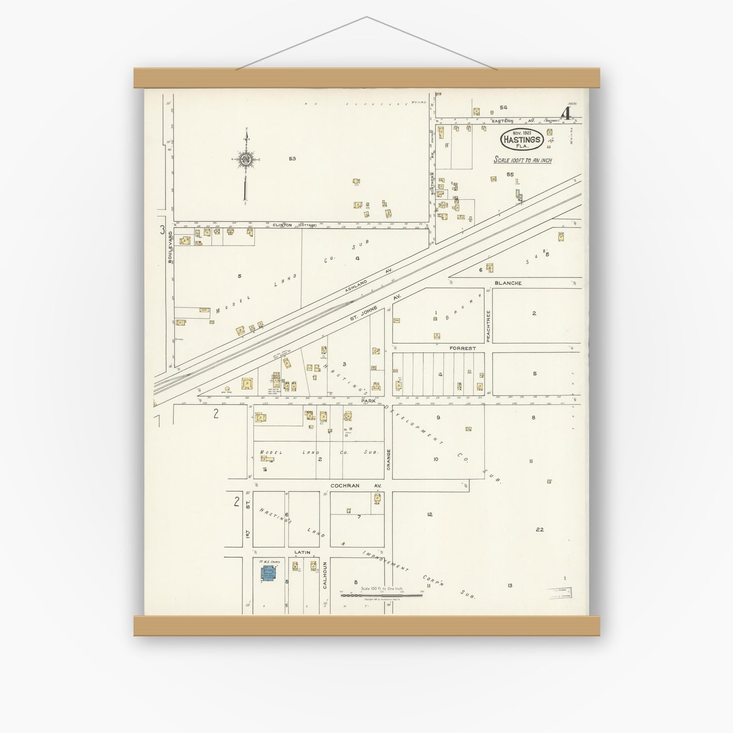 Old map wall art mockup — magnetic wood frame on white wall — Sanborn Fire Insurance Map from Hastings, St. Johns County, Florida (1921), Sheet #0004
