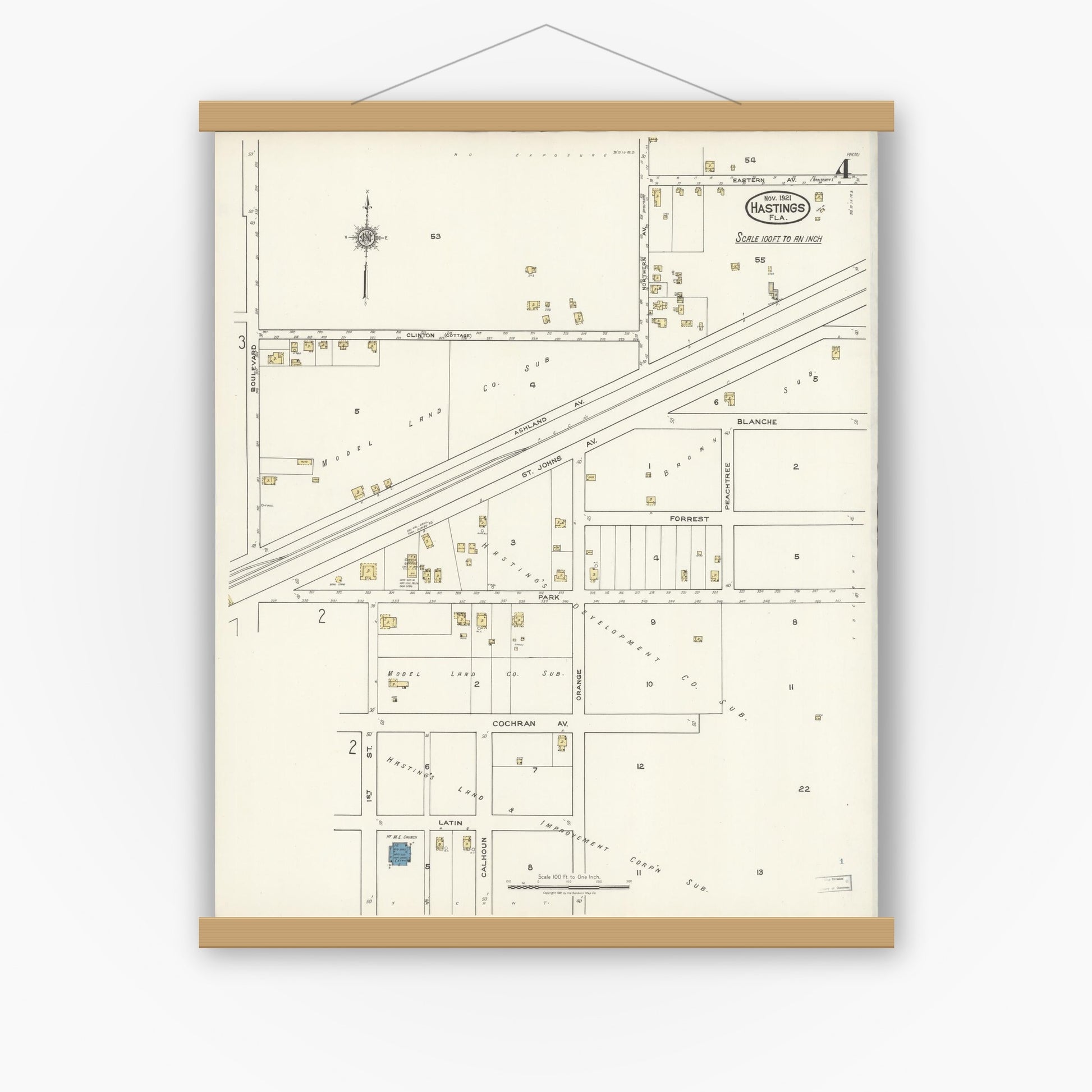 Old map wall art mockup — magnetic wood frame on white wall — Sanborn Fire Insurance Map from Hastings, St. Johns County, Florida (1921), Sheet #0004