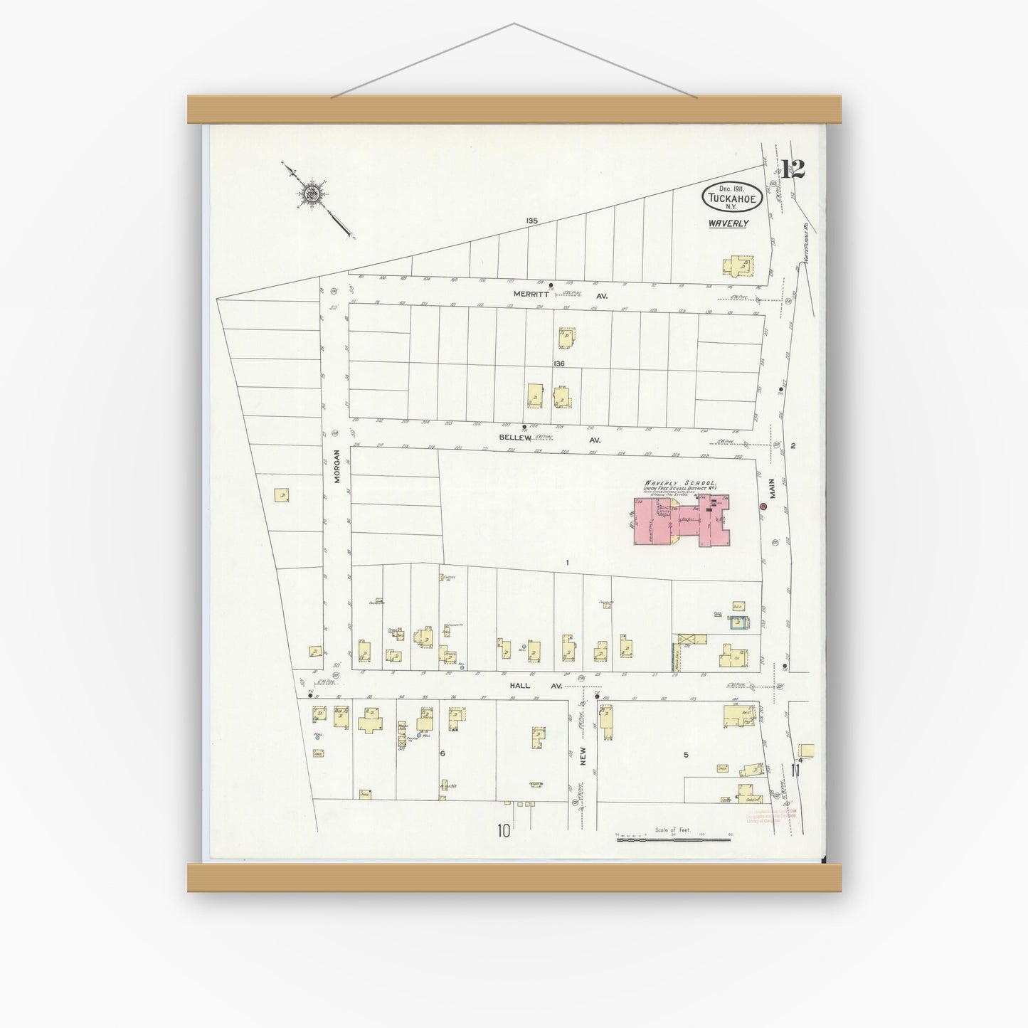 Old map wall art mockup — magnetic wood frame on white wall — Sanborn Fire Insurance Map from Tuckahoe, Westchester County, New York (1911), Sheet #0012