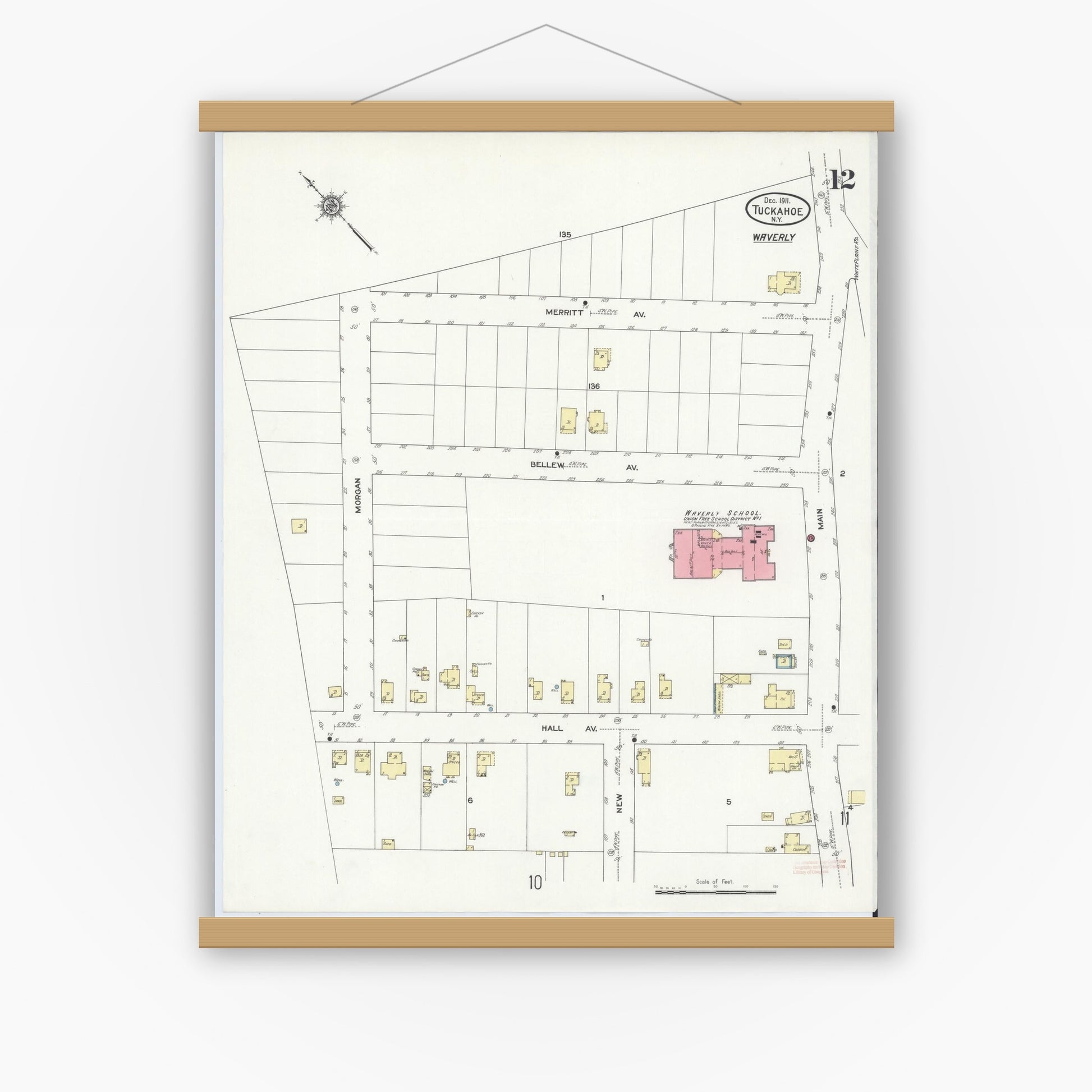 Old map wall art mockup — magnetic wood frame on white wall — Sanborn Fire Insurance Map from Tuckahoe, Westchester County, New York (1911), Sheet #0012
