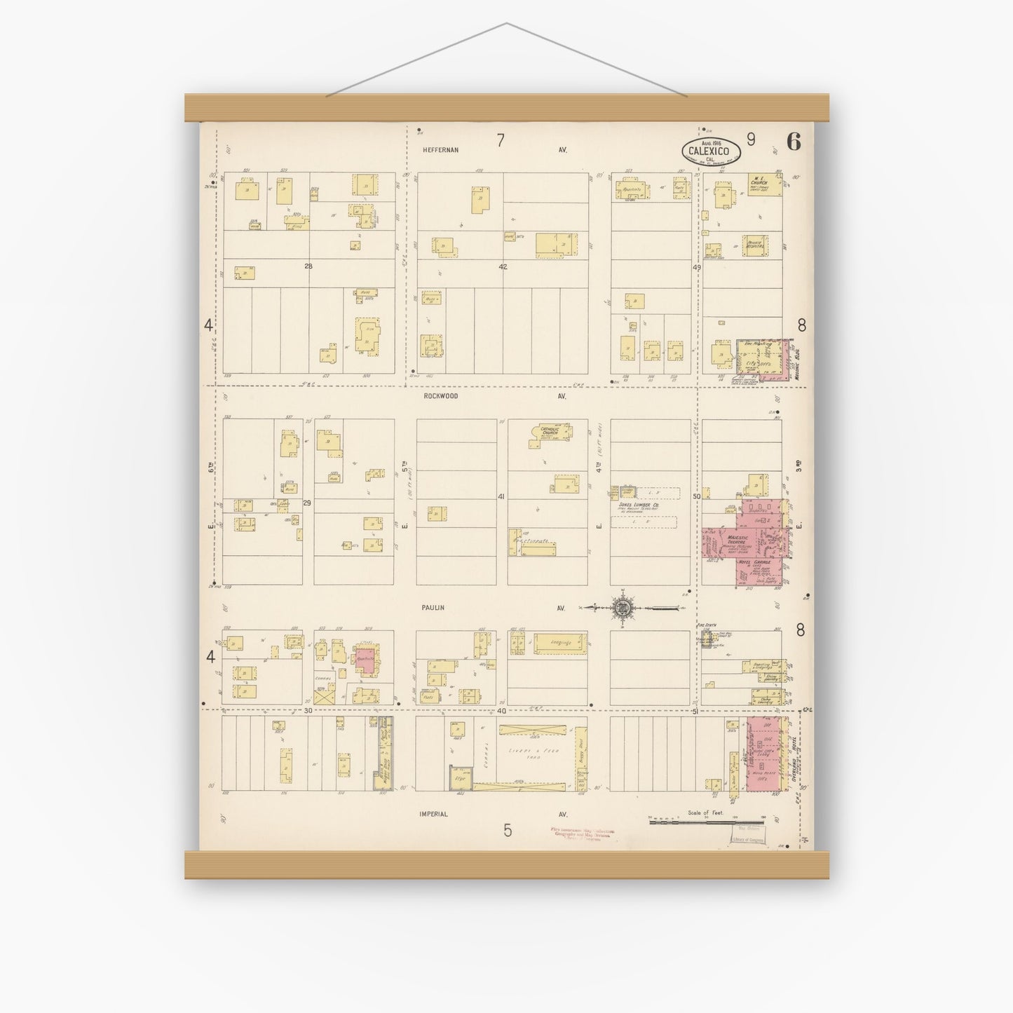 Old map wall art mockup — magnetic wood frame on white wall — Sanborn Fire Insurance Map from Calexico, Imperial County, California (1916), Sheet #0006