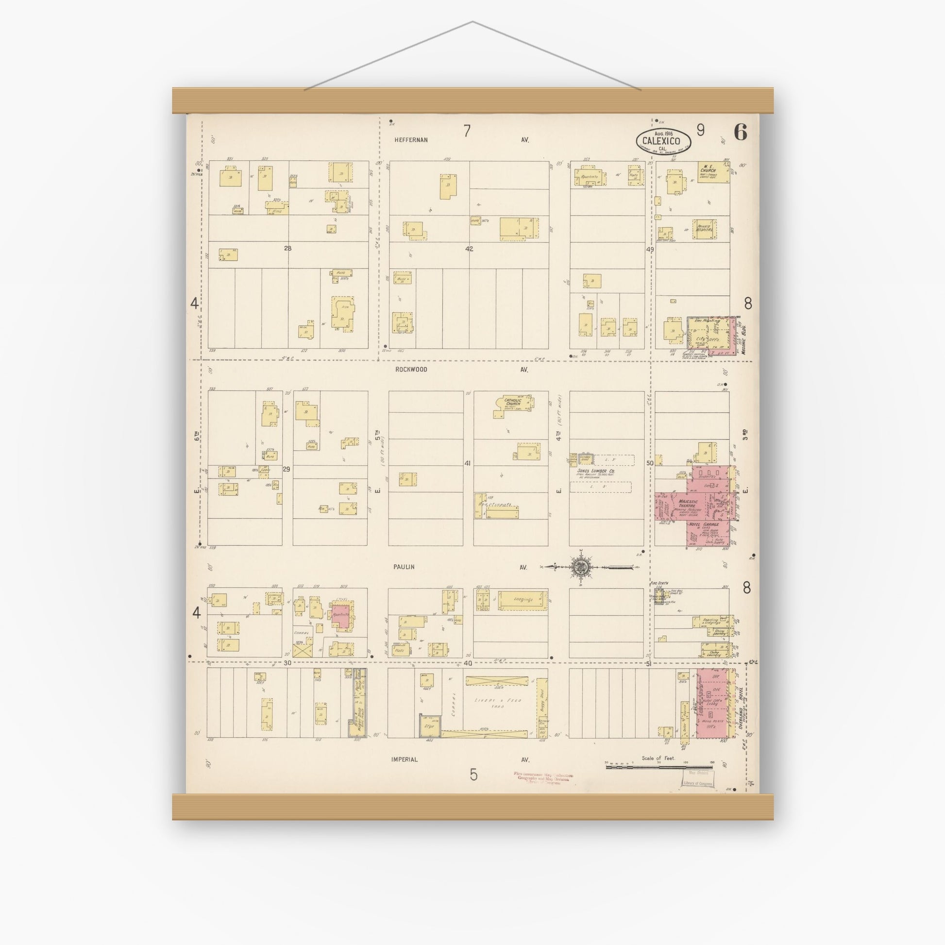 Old map wall art mockup — magnetic wood frame on white wall — Sanborn Fire Insurance Map from Calexico, Imperial County, California (1916), Sheet #0006