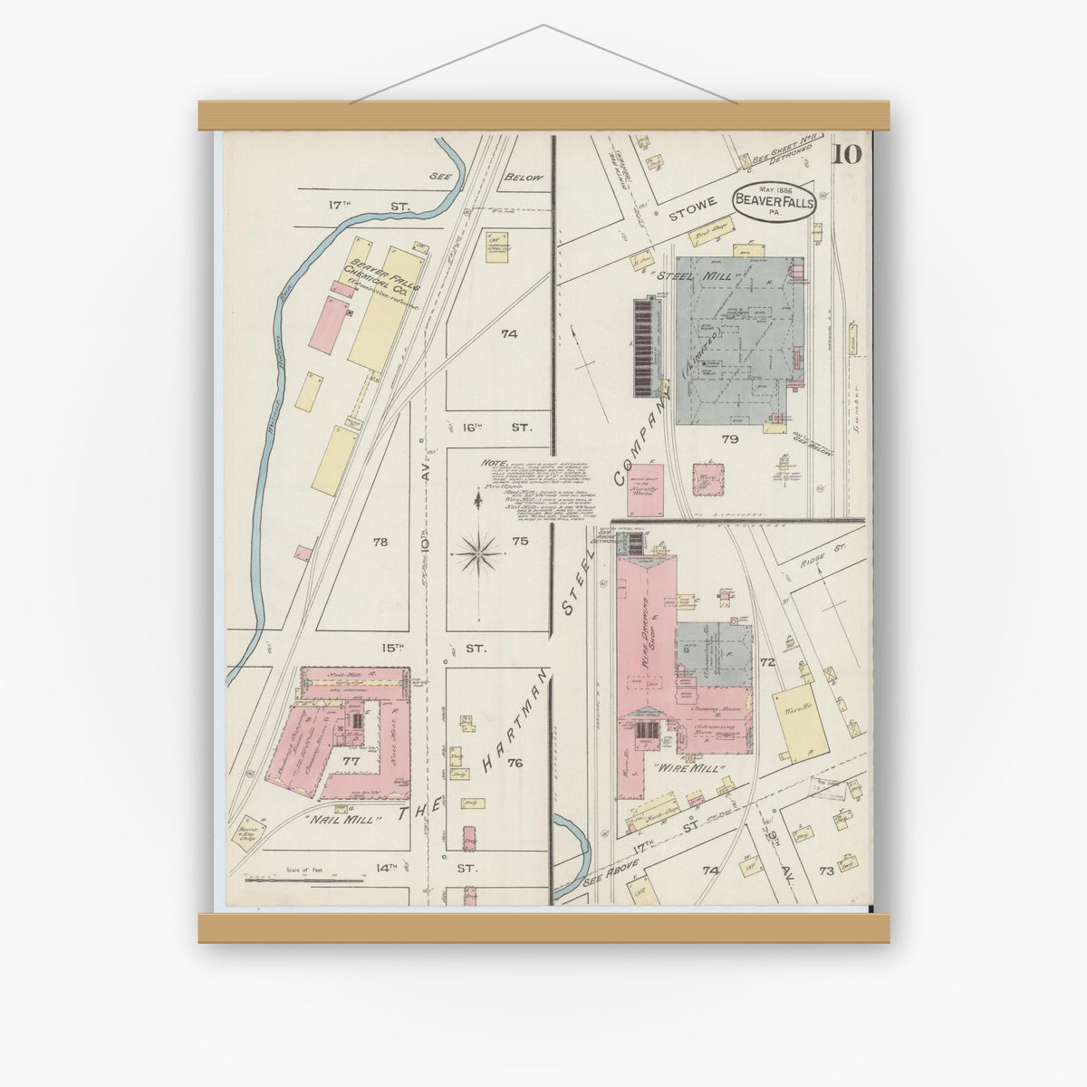 Old map wall art mockup — magnetic wood frame on white wall — Sanborn Fire Insurance Map from Beaver Falls, Beaver County, Pennsylvania (1886), Sheet #0010