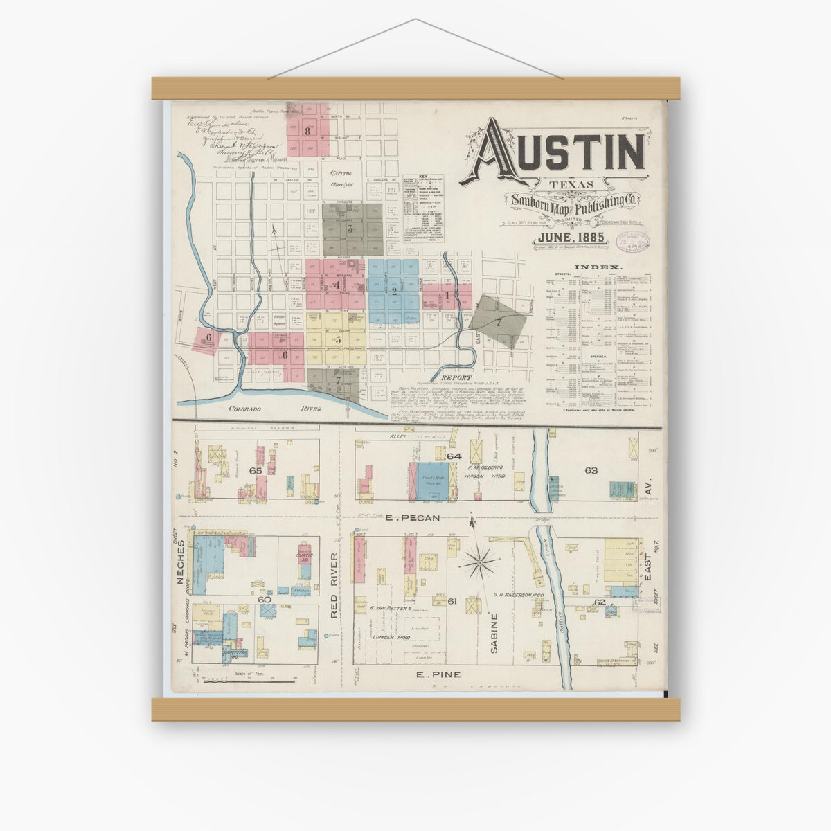 Old map wall art mockup — magnetic wood frame on white wall — Sanborn Fire Insurance Map from Austin, Travis County, Texas (1885), Sheet #0001