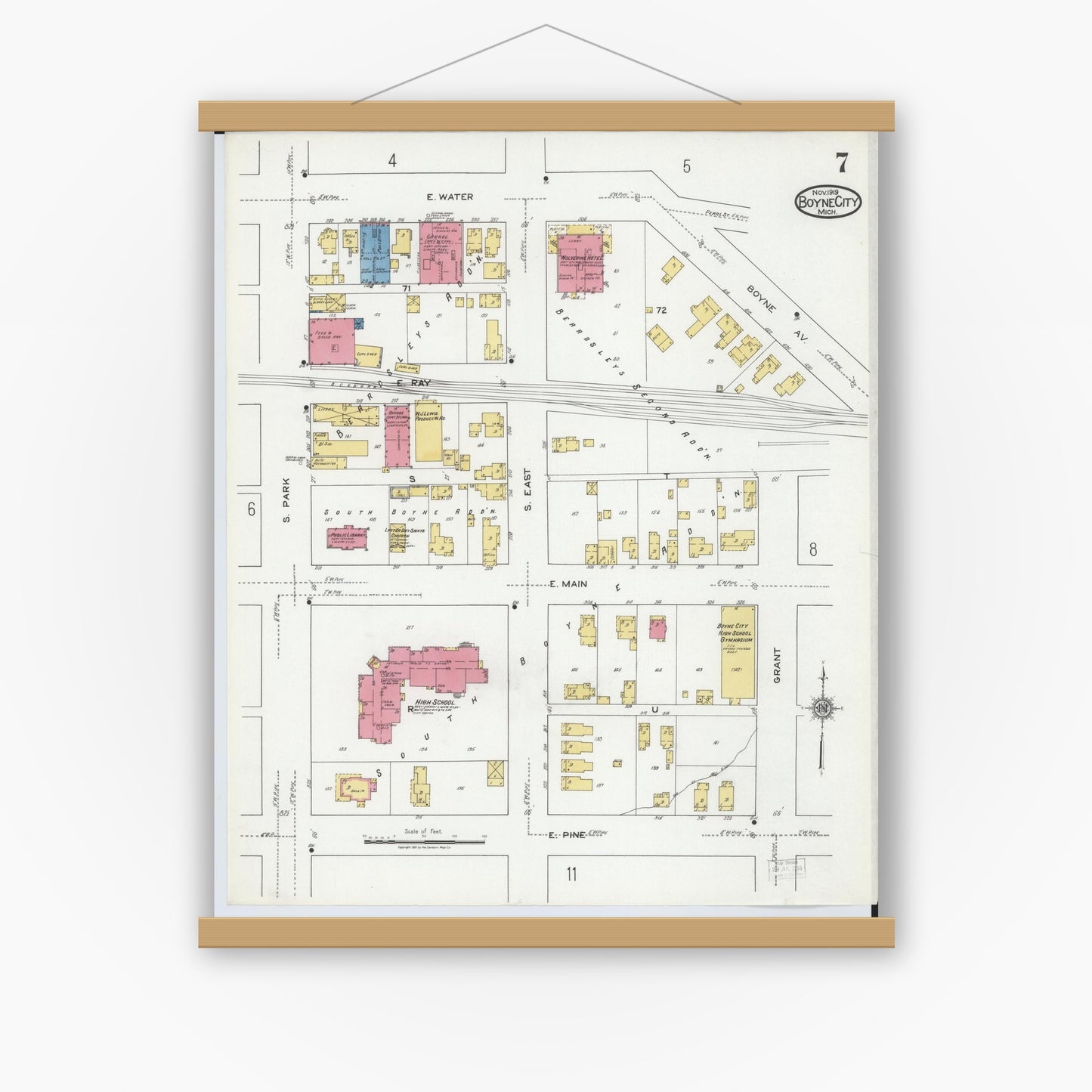 Old map wall art mockup — magnetic wood frame on white wall — Sanborn Fire Insurance Map from Boyne City, Charlevoix County, Michigan (1919), Sheet #0007