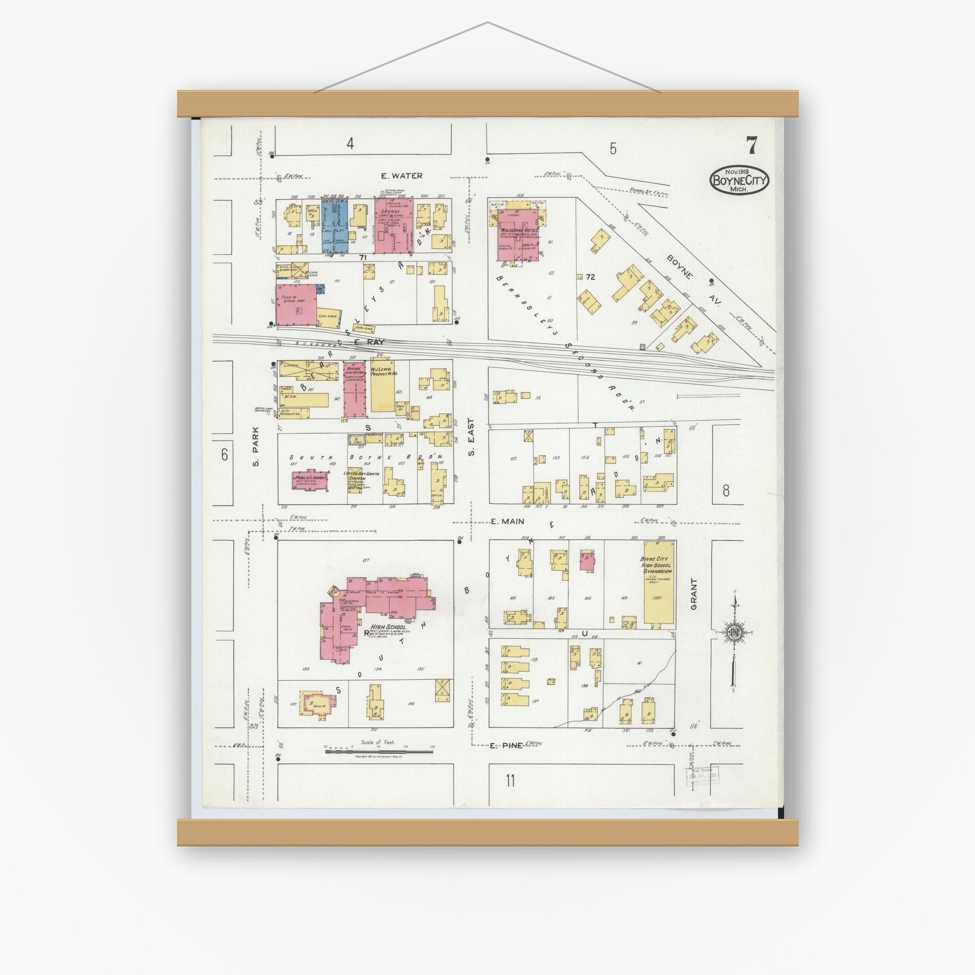 Old map wall art mockup — magnetic wood frame on white wall — Sanborn Fire Insurance Map from Boyne City, Charlevoix County, Michigan (1919), Sheet #0007