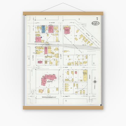 Old map wall art mockup — magnetic wood frame on white wall — Sanborn Fire Insurance Map from Boyne City, Charlevoix County, Michigan (1919), Sheet #0007