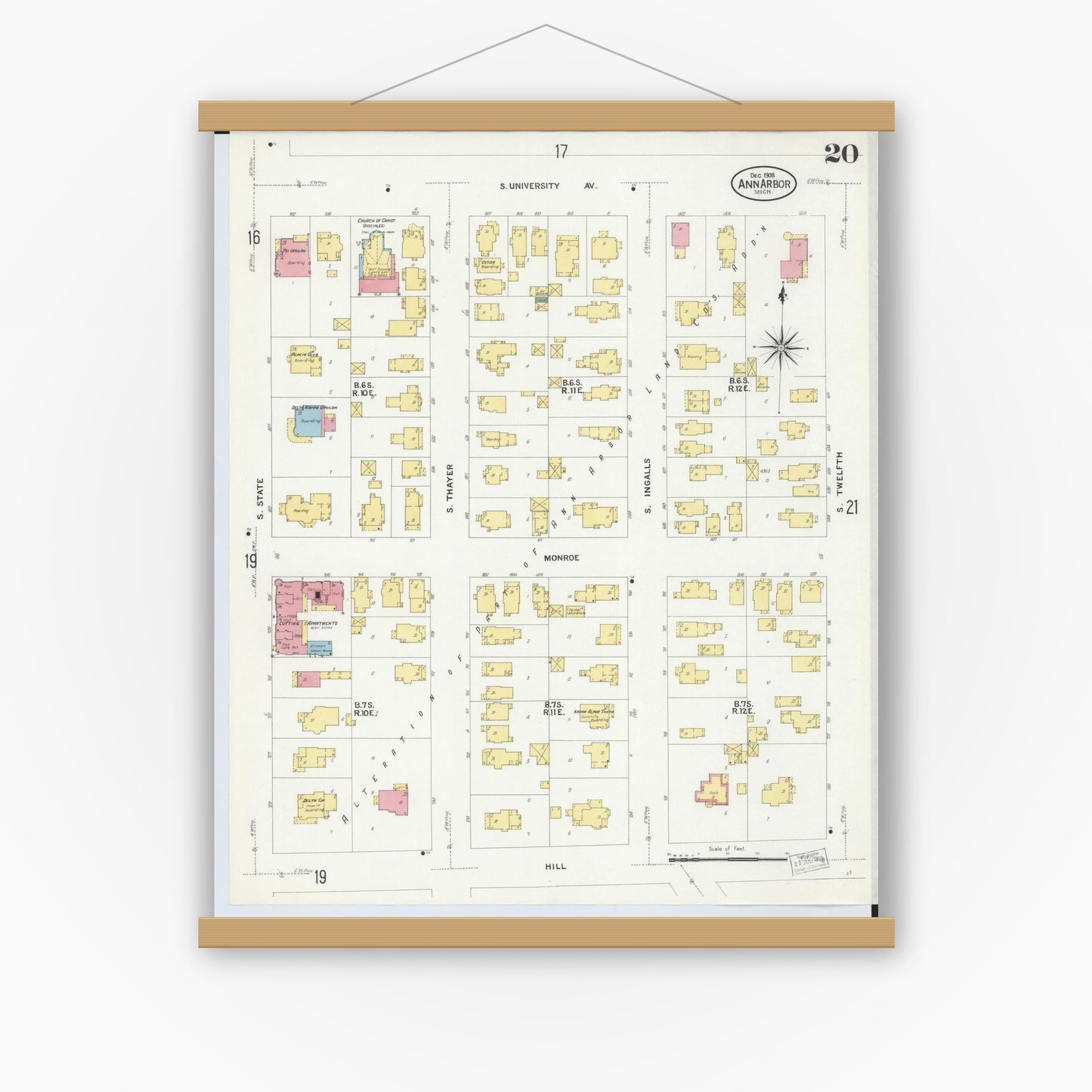 Old map wall art mockup — magnetic wood frame on white wall — Sanborn Fire Insurance Map from Ann Arbor, Washtenaw County, Michigan (1908), Sheet #0020