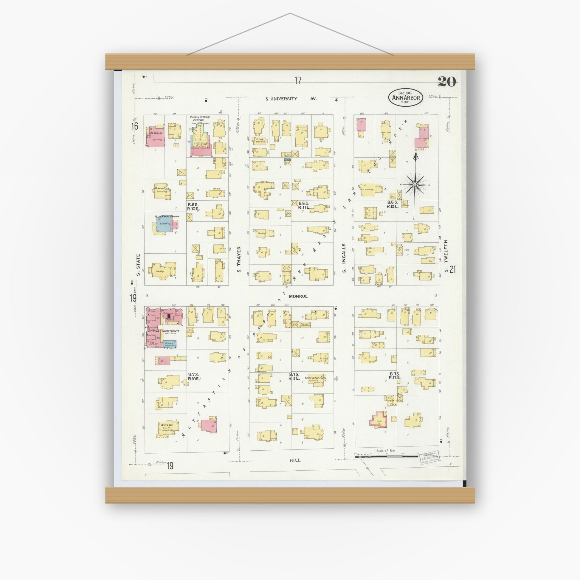 Old map wall art mockup — magnetic wood frame on white wall — Sanborn Fire Insurance Map from Ann Arbor, Washtenaw County, Michigan (1908), Sheet #0020