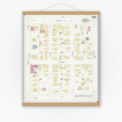 Old map wall art mockup — magnetic wood frame on white wall — Sanborn Fire Insurance Map from Ann Arbor, Washtenaw County, Michigan (1908), Sheet #0020