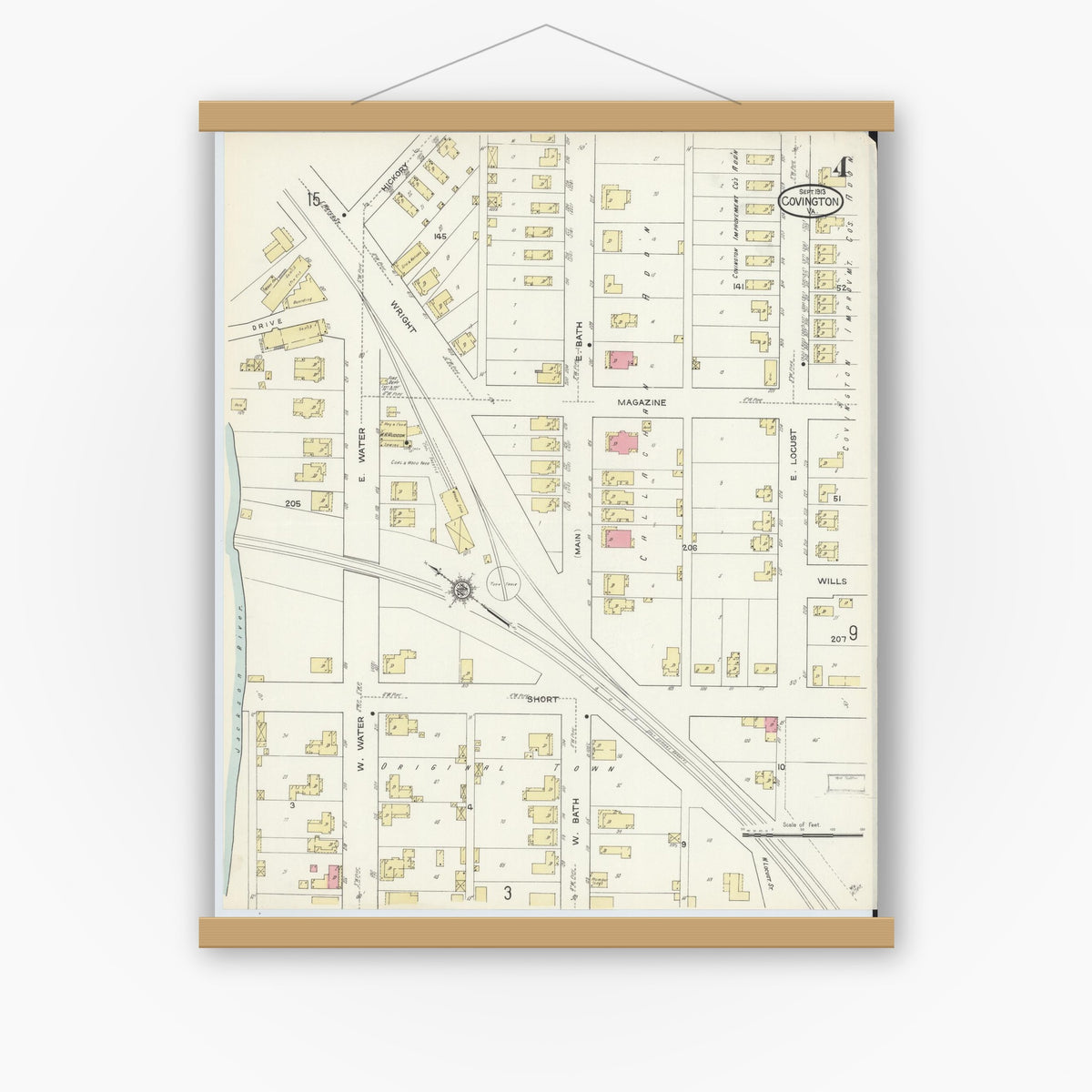 Old map wall art mockup — magnetic wood frame on white wall — Sanborn Fire Insurance Map from Covington, Independent Cities, Virginia (1913), Sheet #0004