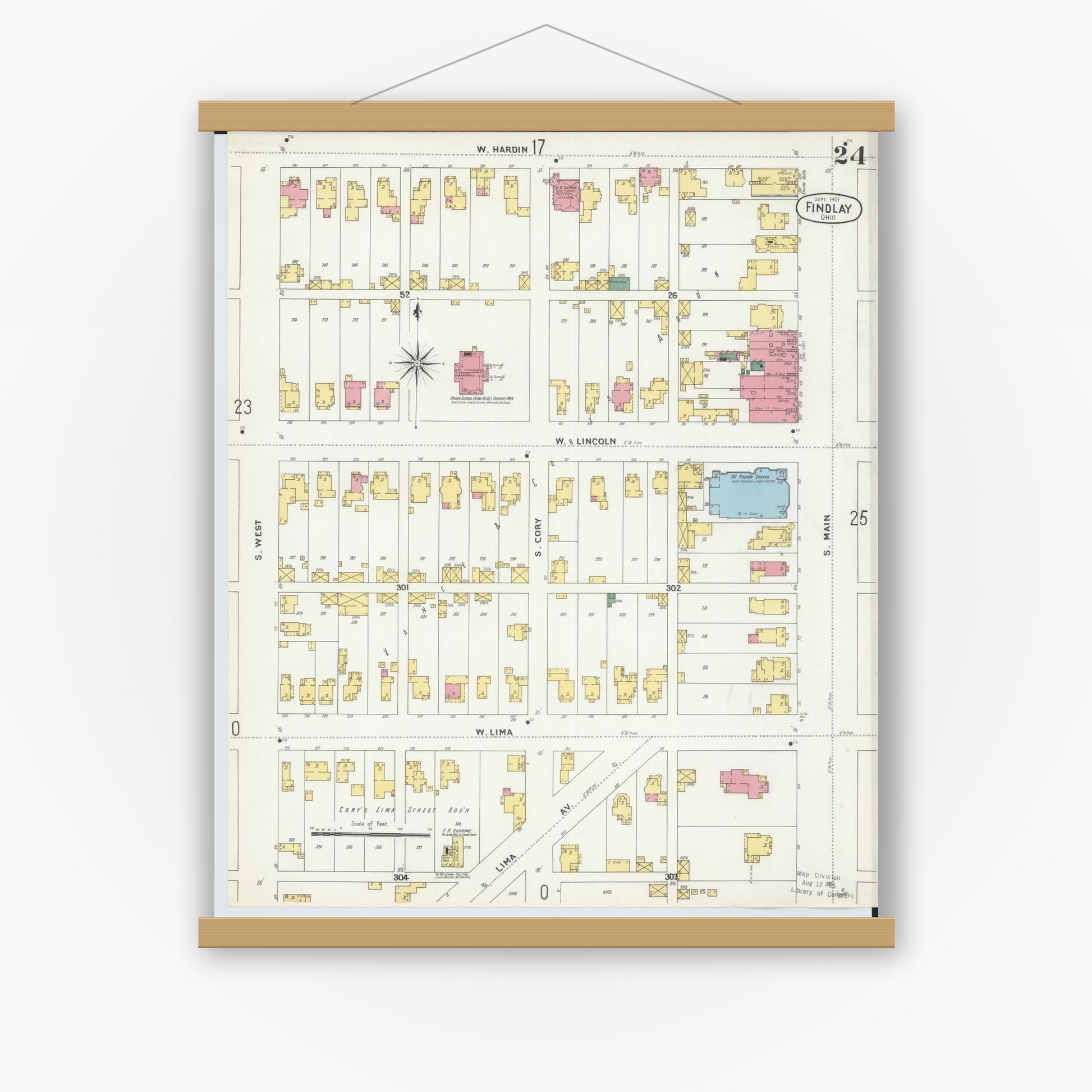 Old map wall art mockup — magnetic wood frame on white wall — Sanborn Fire Insurance Map from Findlay, Hancock County, Ohio (1901), Sheet #0024