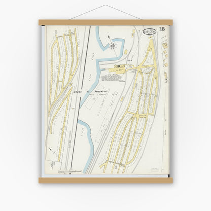 Old map wall art mockup — magnetic wood frame on white wall — Sanborn Fire Insurance Map from Cadillac, Wexford County, Michigan (1895), Sheet #0013
