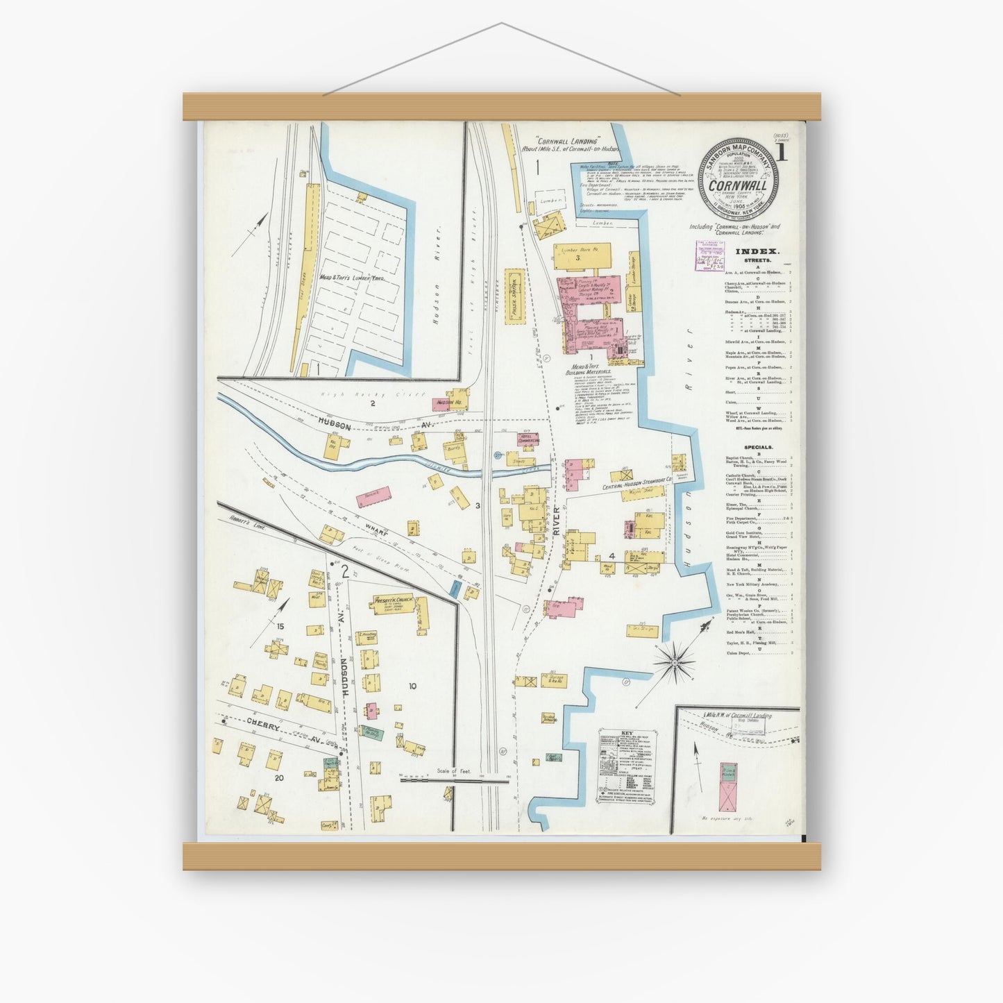 Old map wall art mockup — magnetic wood frame on white wall — Sanborn Fire Insurance Map from Cornwall, Orange County, New York (1905) - Complete Map Set