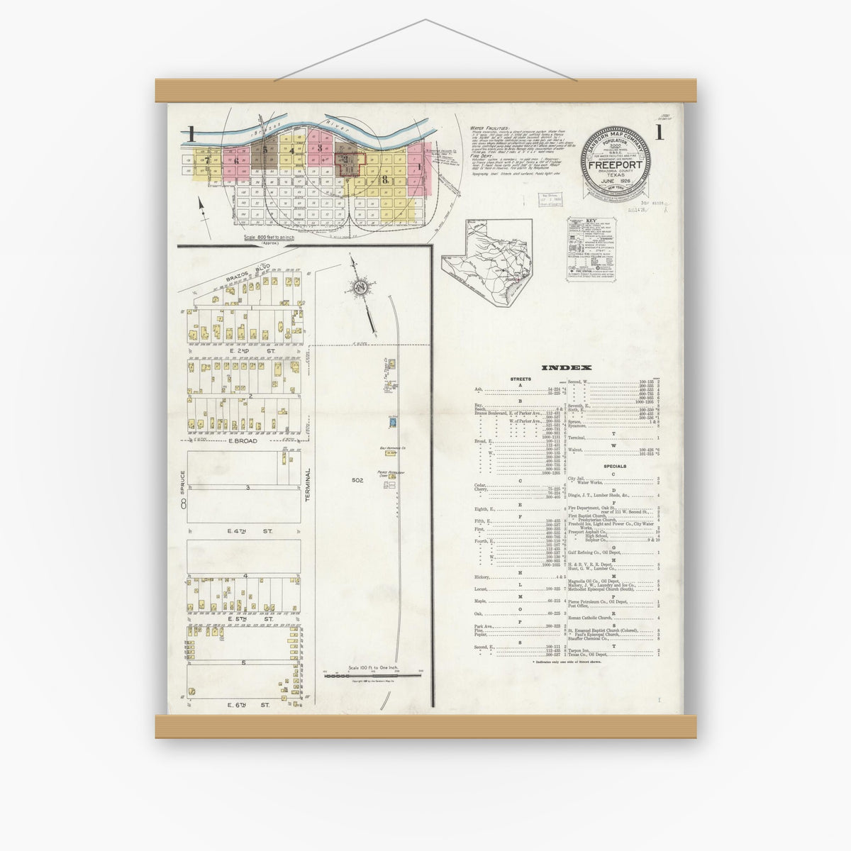 Old map wall art mockup — magnetic wood frame on white wall — Sanborn Fire Insurance Map from Freeport, Brazoria County, Texas (1926) - Complete Map Set