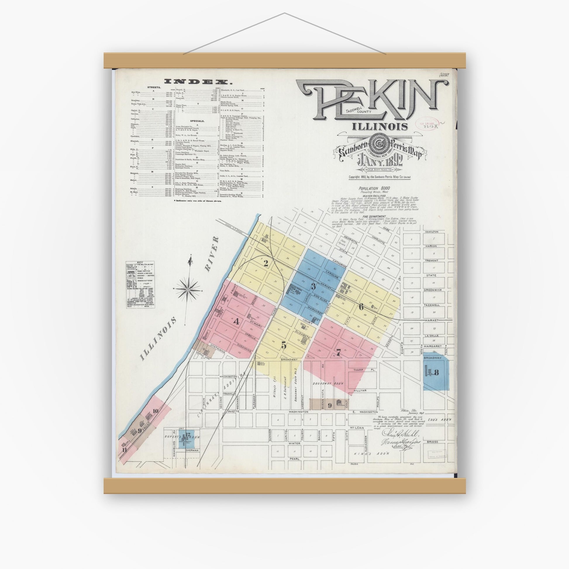 Old map wall art mockup — magnetic wood frame on white wall — Sanborn Fire Insurance Map from Pekin, Tazewell County, Illinois (1892) - Complete Map Set