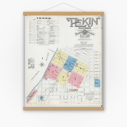 Old map wall art mockup — magnetic wood frame on white wall — Sanborn Fire Insurance Map from Pekin, Tazewell County, Illinois (1892) - Complete Map Set