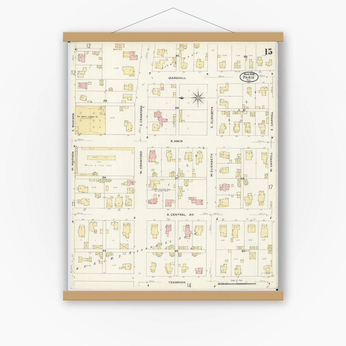 Old map wall art mockup — magnetic wood frame on white wall — Sanborn Fire Insurance Map from Paris, Edgar County, Illinois (1908), Sheet #0015