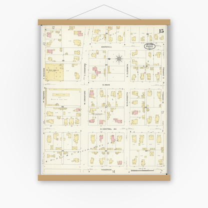 Old map wall art mockup — magnetic wood frame on white wall — Sanborn Fire Insurance Map from Paris, Edgar County, Illinois (1908), Sheet #0015