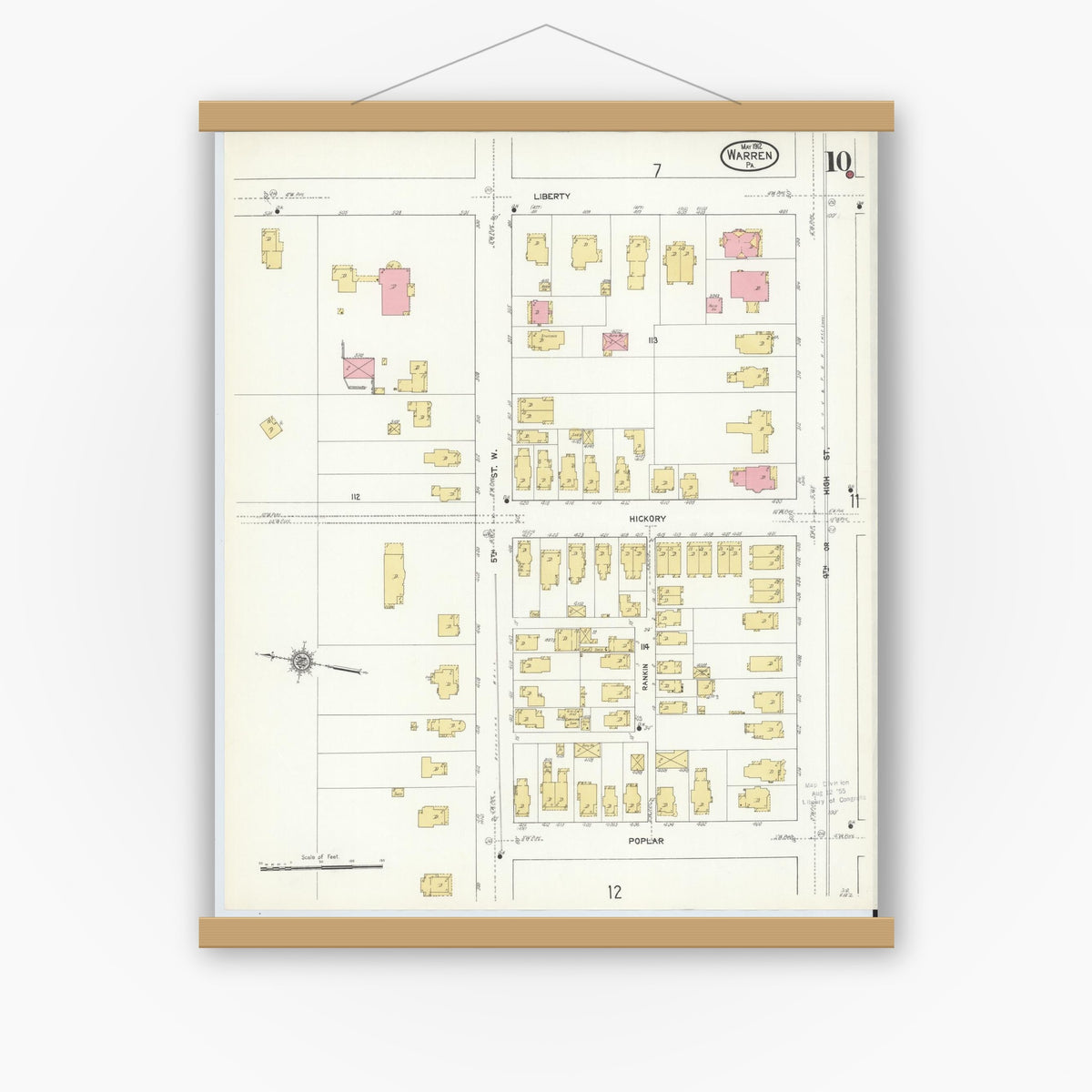 Old map wall art mockup — magnetic wood frame on white wall — Sanborn Fire Insurance Map from Warren, Warren County, Pennsylvania (1912), Sheet #0010