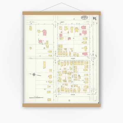 Old map wall art mockup — magnetic wood frame on white wall — Sanborn Fire Insurance Map from Warren, Warren County, Pennsylvania (1912), Sheet #0010