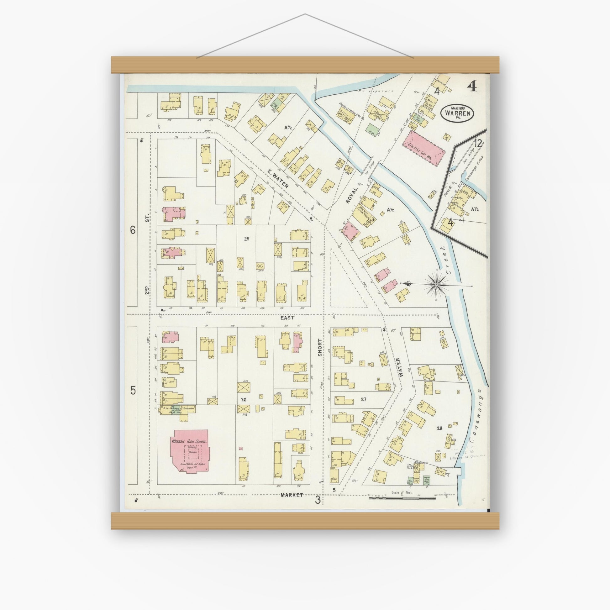 Old map wall art mockup — magnetic wood frame on white wall — Sanborn Fire Insurance Map from Warren, Warren County, Pennsylvania (1898), Sheet #0004
