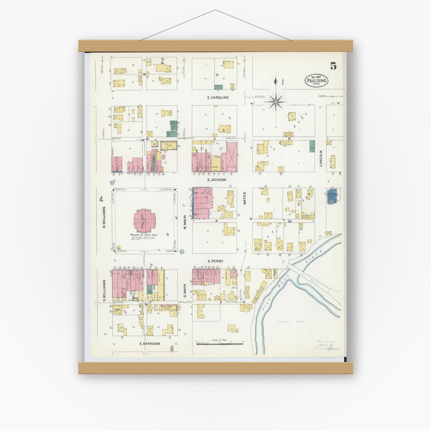 Old map wall art mockup — magnetic wood frame on white wall — Sanborn Fire Insurance Map from Paulding, Paulding County, Ohio (1907), Sheet #0005
