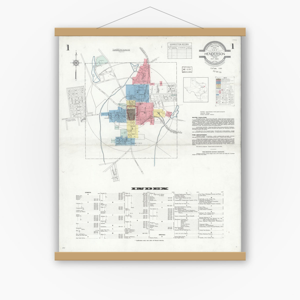 Old map wall art mockup — magnetic wood frame on white wall — Sanborn Fire Insurance Map from Henderson, Rusk County, Texas (1933), Sheet #0001