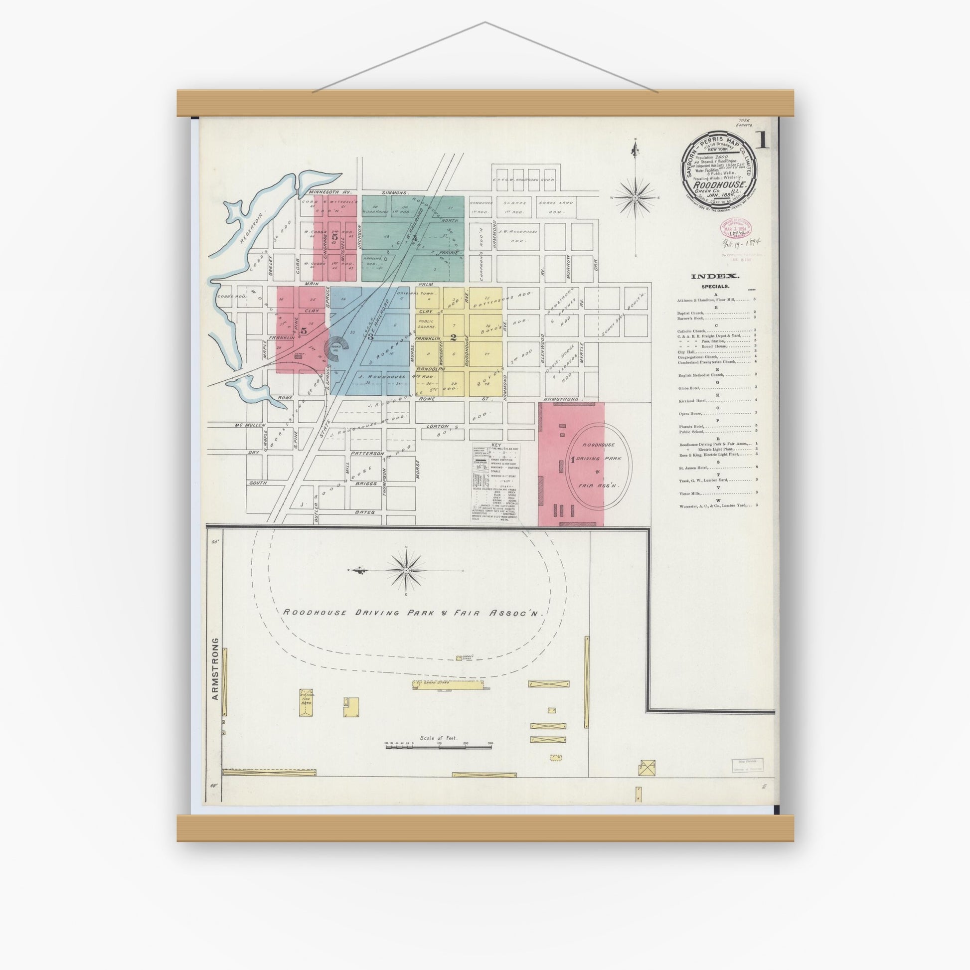 Old map wall art mockup — magnetic wood frame on white wall — Sanborn Fire Insurance Map from Roodhouse, Greene County, Illinois (1894), Sheet #0001