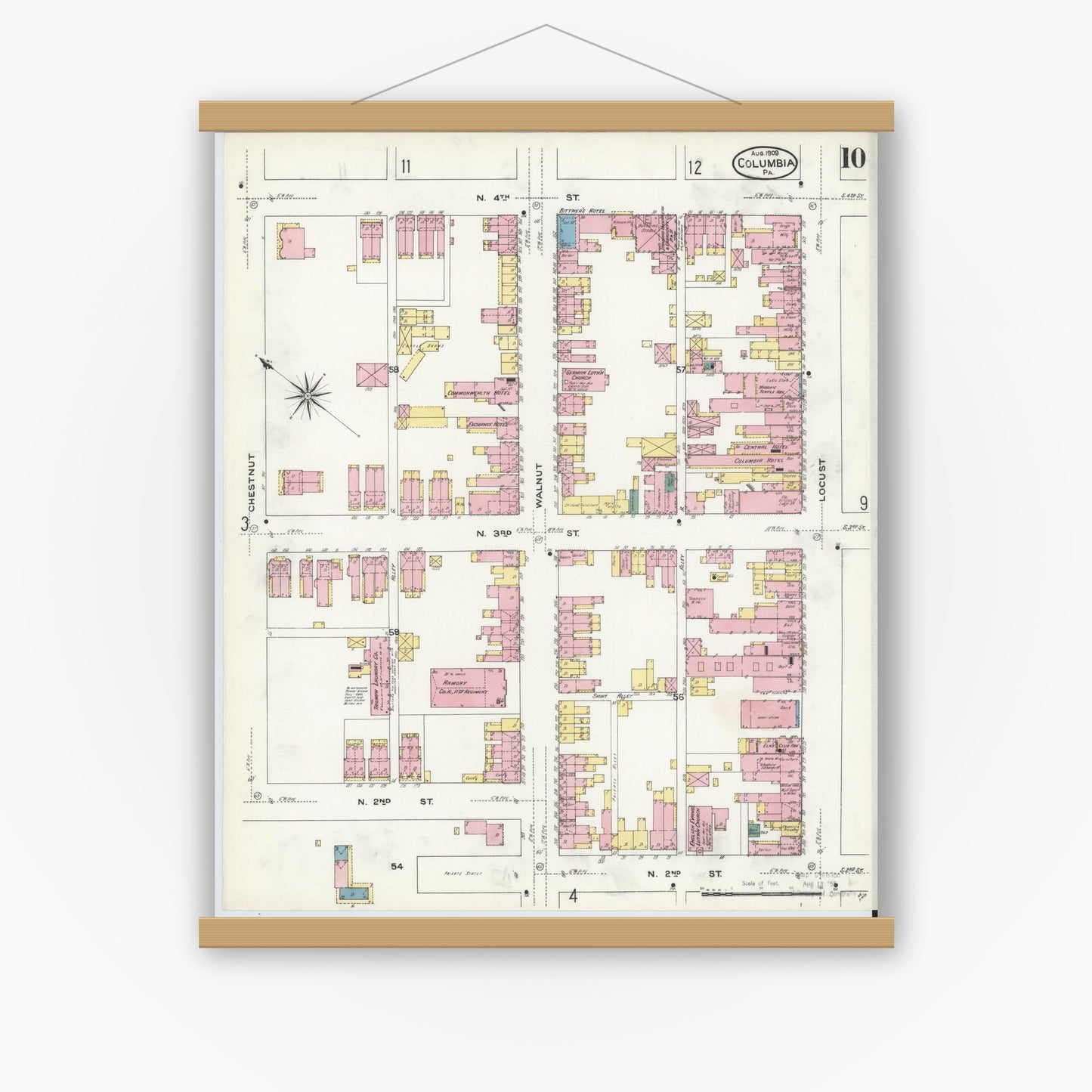 Old map wall art mockup — magnetic wood frame on white wall — Sanborn Fire Insurance Map from Columbia, Lancaster County, Pennsylvania (1909), Sheet #0010