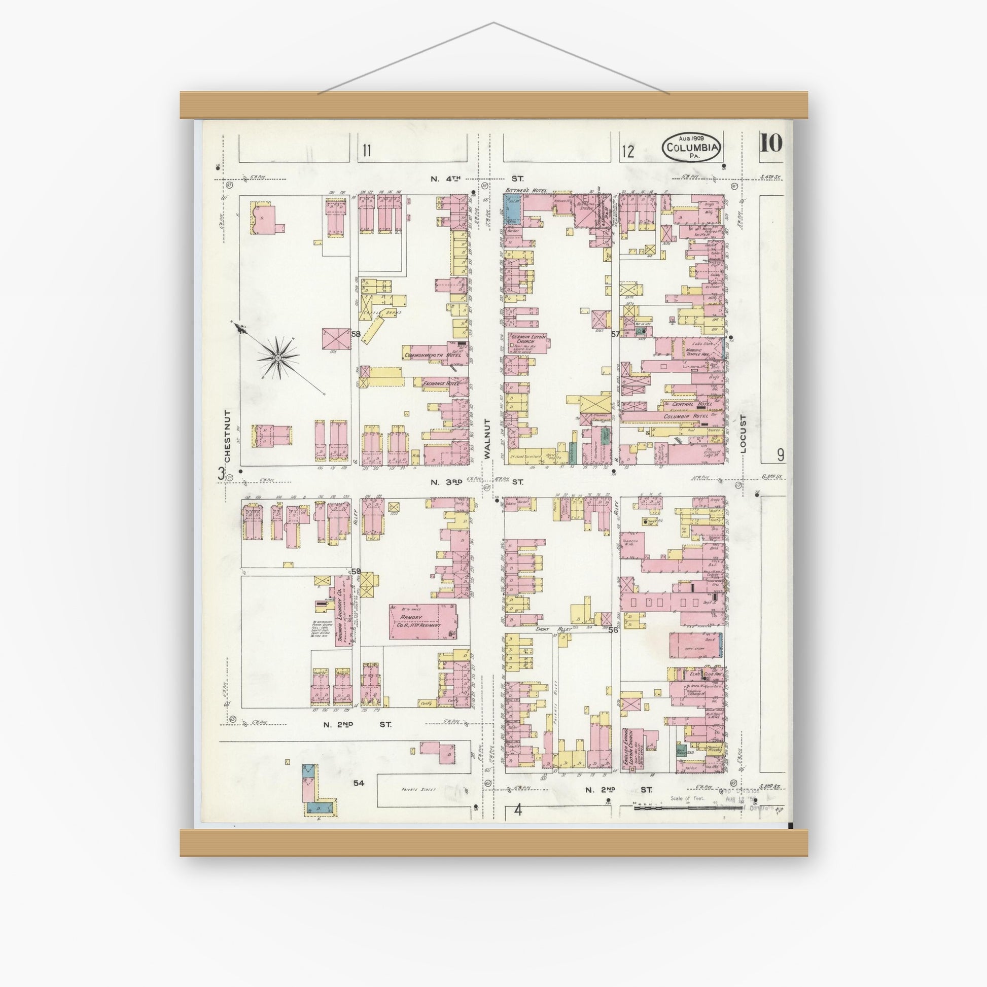 Old map wall art mockup — magnetic wood frame on white wall — Sanborn Fire Insurance Map from Columbia, Lancaster County, Pennsylvania (1909), Sheet #0010
