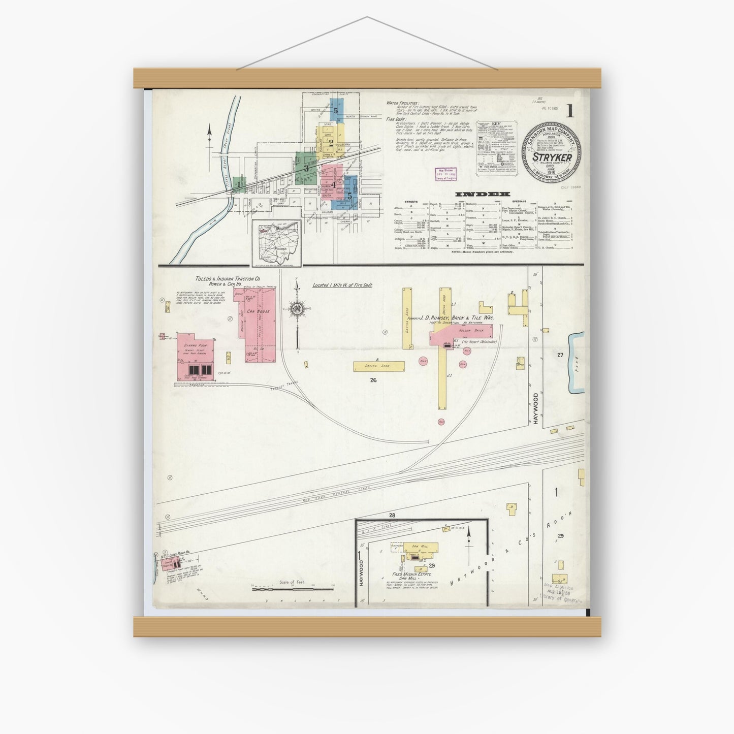 Old map wall art mockup — magnetic wood frame on white wall — Sanborn Fire Insurance Map from Stryker, Williams County, Ohio (1916) - Complete Map Set