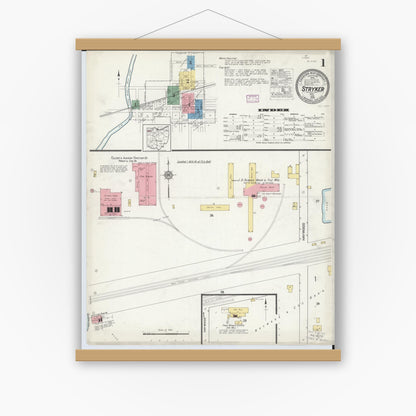 Old map wall art mockup — magnetic wood frame on white wall — Sanborn Fire Insurance Map from Stryker, Williams County, Ohio (1916) - Complete Map Set