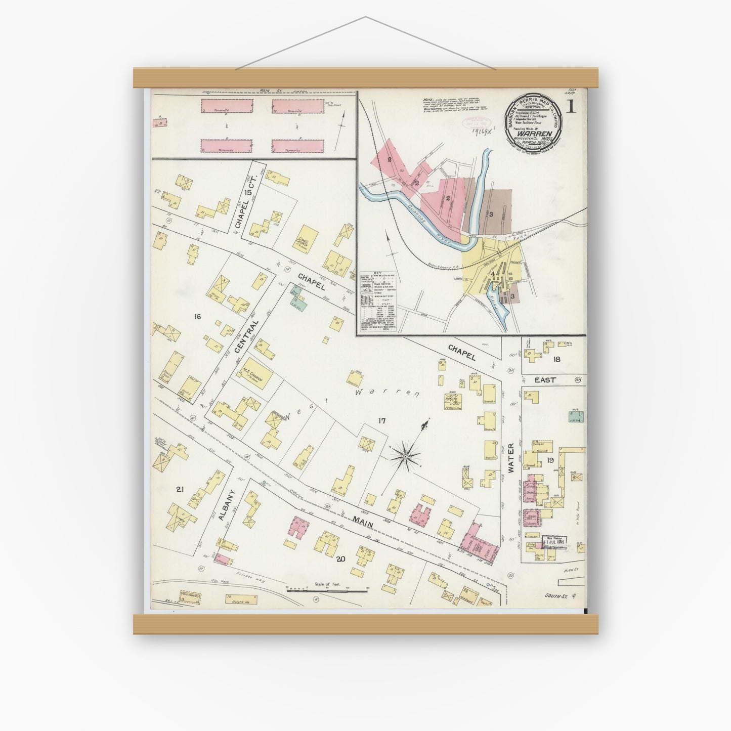 Old map wall art mockup — magnetic wood frame on white wall — Sanborn Fire Insurance Map from Warren, Worcester County, Massachusetts (1892), Sheet #0001