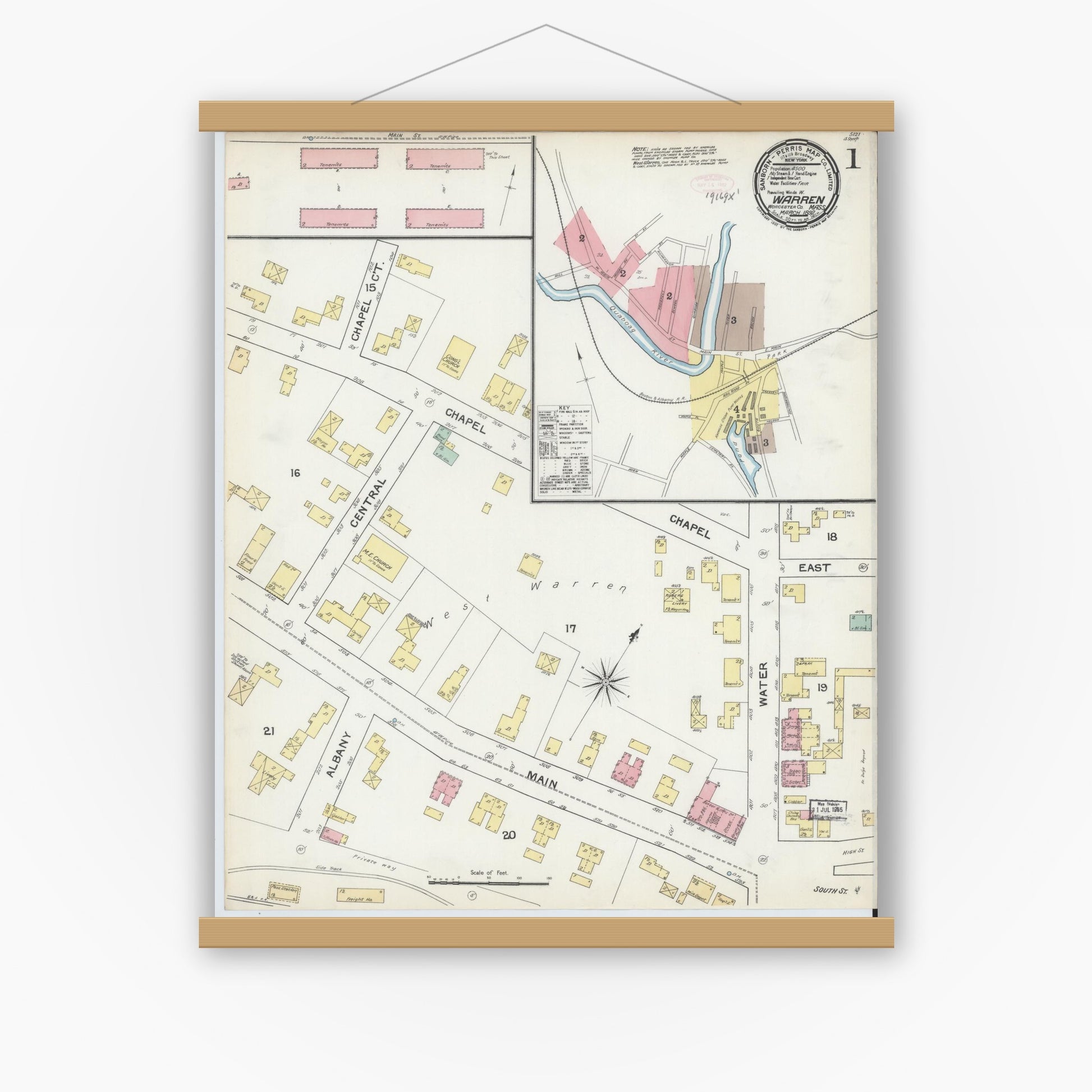 Old map wall art mockup — magnetic wood frame on white wall — Sanborn Fire Insurance Map from Warren, Worcester County, Massachusetts (1892), Sheet #0001