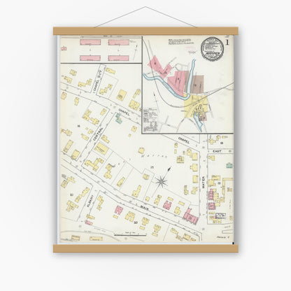 Old map wall art mockup — magnetic wood frame on white wall — Sanborn Fire Insurance Map from Warren, Worcester County, Massachusetts (1892), Sheet #0001