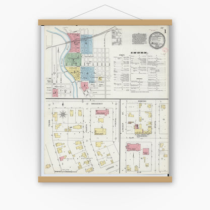 Old map wall art mockup — magnetic wood frame on white wall — Sanborn Fire Insurance Map from Niles, Berrien County, Michigan (1895), Sheet #0001