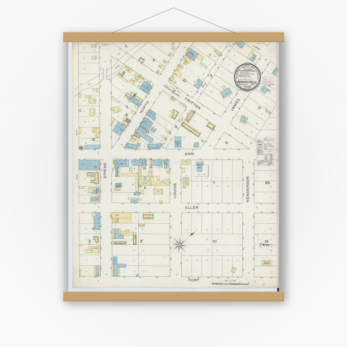 Old map wall art mockup — magnetic wood frame on white wall — Sanborn Fire Insurance Map from Brackettville, Kinney County, Texas (1894), Sheet #0001
