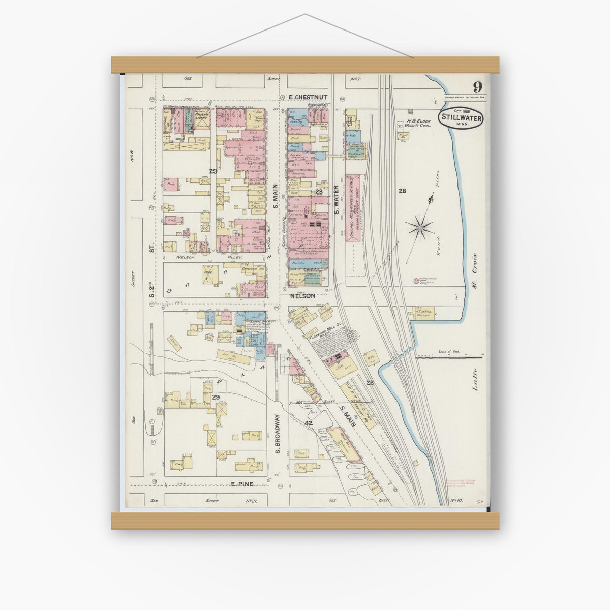 Old map wall art mockup — magnetic wood frame on white wall — Sanborn Fire Insurance Map from Stillwater, Washington County, Minnesota (1888), Sheet #0009