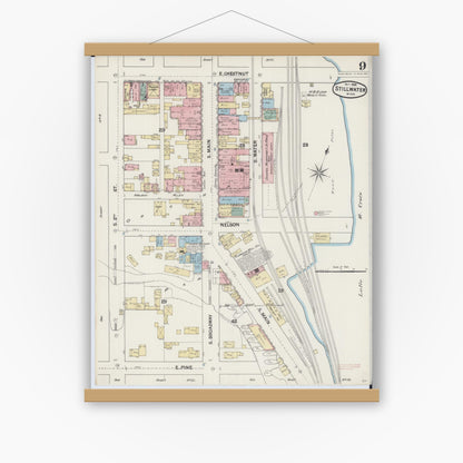Old map wall art mockup — magnetic wood frame on white wall — Sanborn Fire Insurance Map from Stillwater, Washington County, Minnesota (1888), Sheet #0009