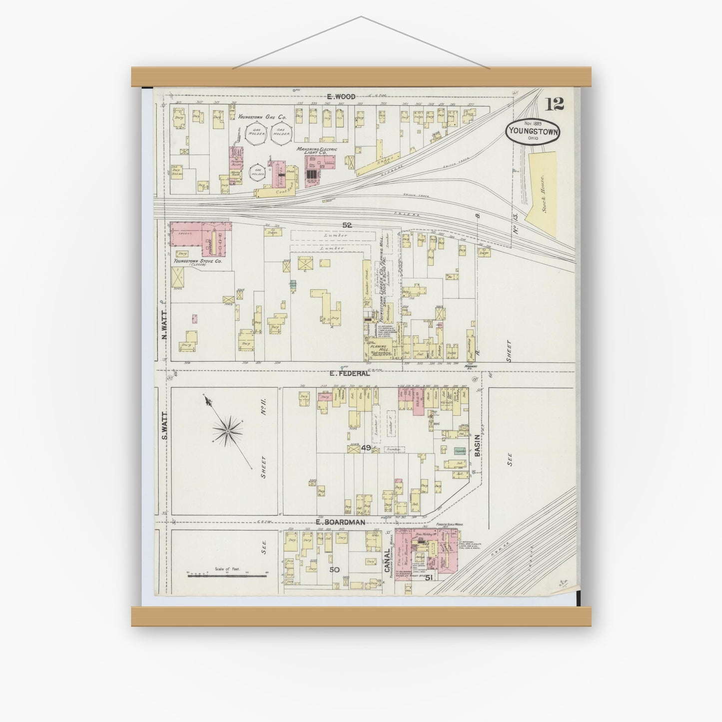 Old map wall art mockup — magnetic wood frame on white wall — Sanborn Fire Insurance Map from Youngstown, Mahoning County, Ohio (1889), Sheet #0012