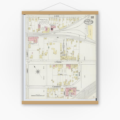 Old map wall art mockup — magnetic wood frame on white wall — Sanborn Fire Insurance Map from Youngstown, Mahoning County, Ohio (1889), Sheet #0012