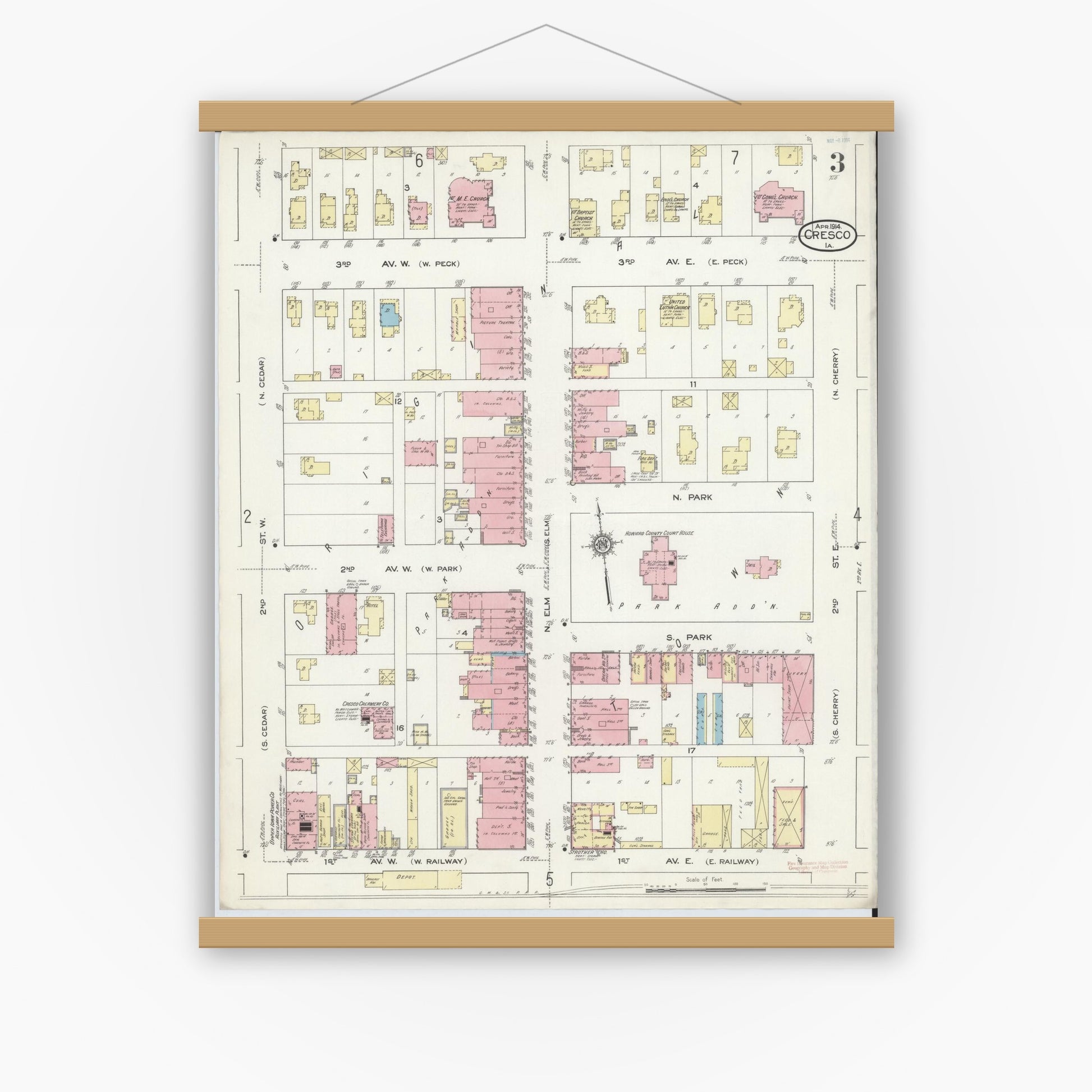 Old map wall art mockup — magnetic wood frame on white wall — Sanborn Fire Insurance Map from Cresco, Howard County, Iowa (1914), Sheet #0003