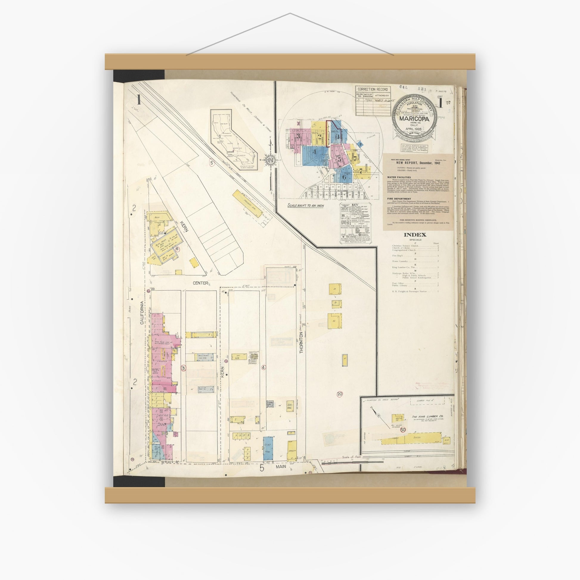 Old map wall art mockup — magnetic wood frame on white wall — Sanborn Fire Insurance Map from Maricopa, Kern County, California (1942) - Complete Map Set