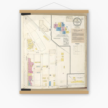 Old map wall art mockup — magnetic wood frame on white wall — Sanborn Fire Insurance Map from Maricopa, Kern County, California (1942) - Complete Map Set