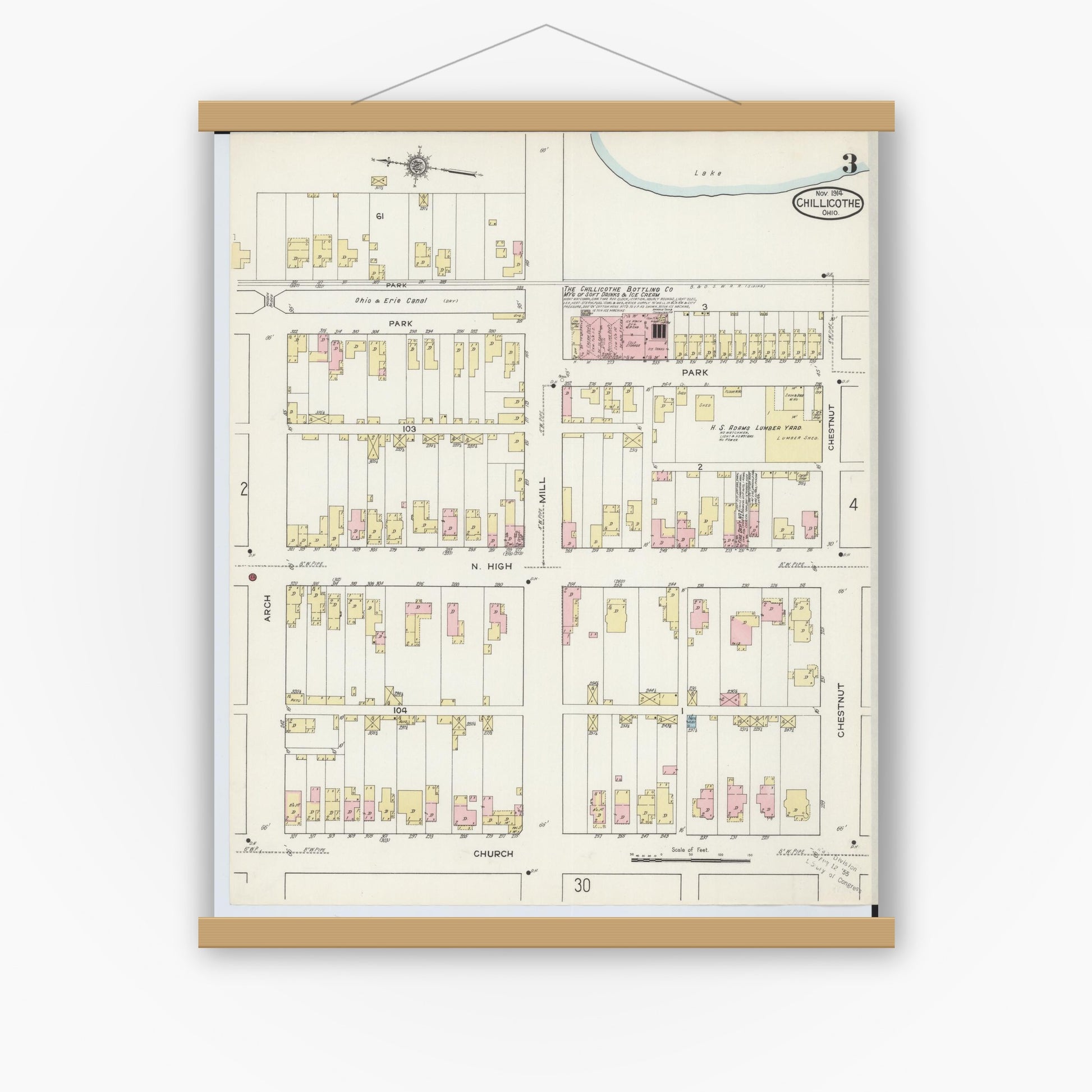 Old map wall art mockup — magnetic wood frame on white wall — Sanborn Fire Insurance Map from Chillicothe, Ross County, Ohio (1914), Sheet #0003