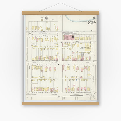 Old map wall art mockup — magnetic wood frame on white wall — Sanborn Fire Insurance Map from Chillicothe, Ross County, Ohio (1914), Sheet #0003